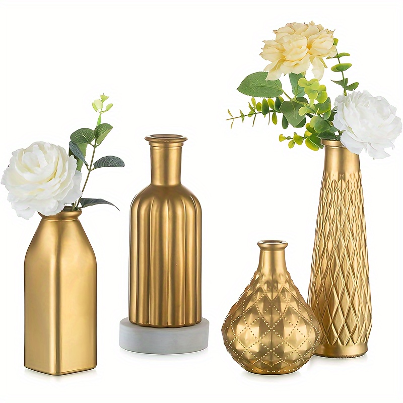 Home Decor Vase With Flowers - Golden Glass Vase, Cylindrical Home Decor,