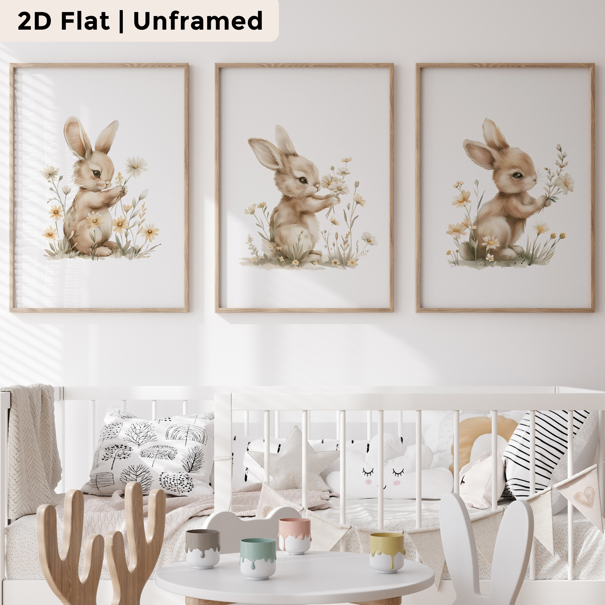 Home Decor Wall Pictures - 3pcs Modern,Cartoon Flower Rabbit Wall Art
