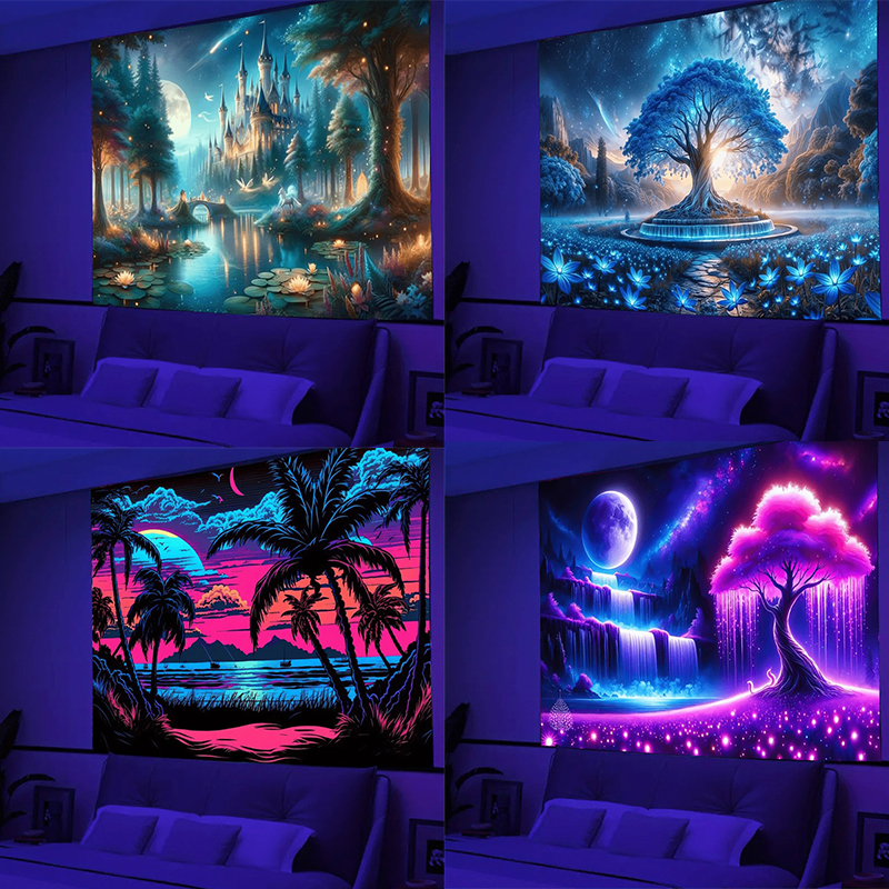 Aesthetic Tapestry - Fantasy tree ultraviolet luminous tapestry, indoor