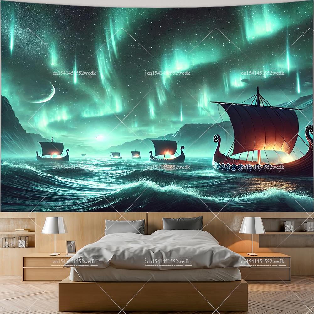 Aesthetic Tapestry - Viking Longship Tapestry Ancient Nordic Runes