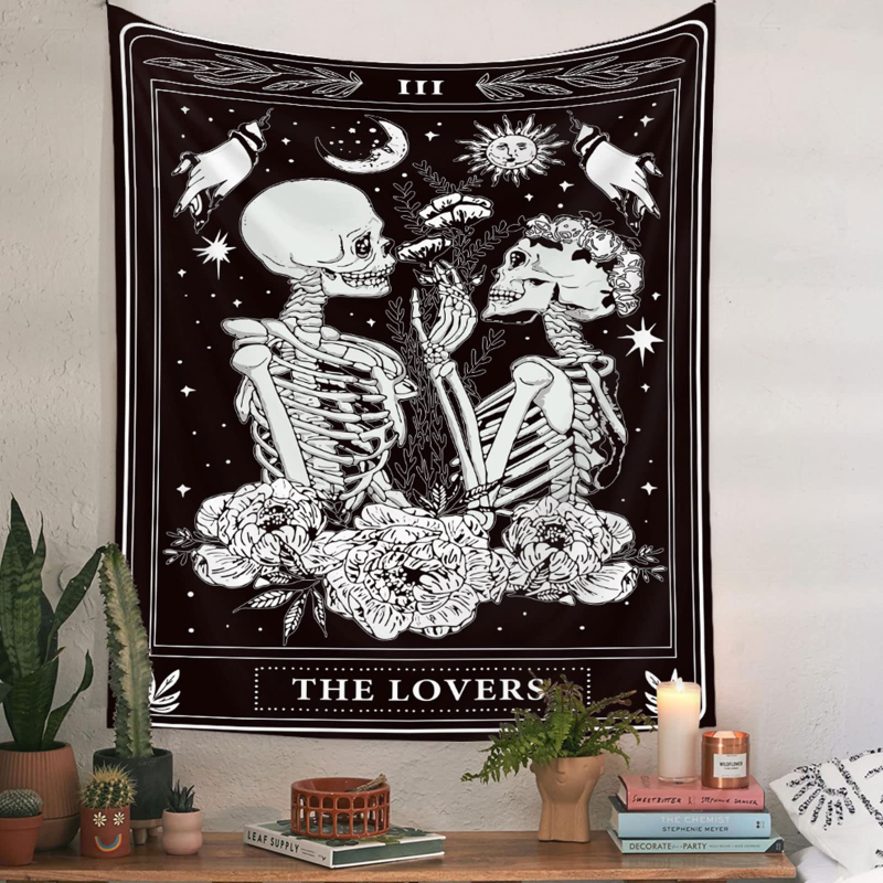 Aesthetic Tapestry - VIKAMA The Lovers Tarot Tapestry Skeleton