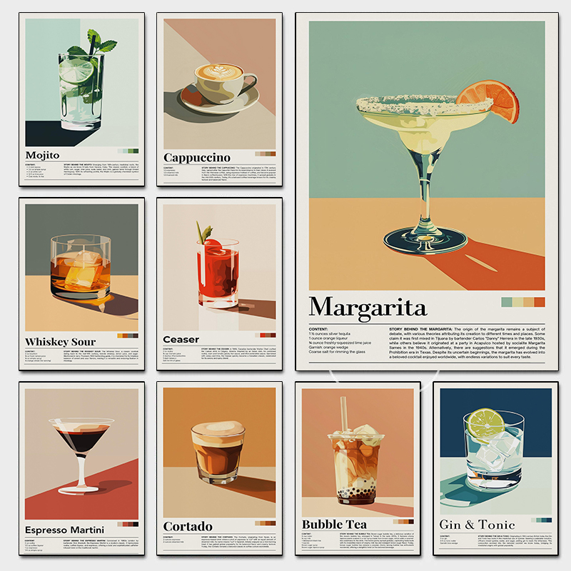 Watercolor Poster Print - Nostalgic Minimalist Cafe Posters Retro Cocktail