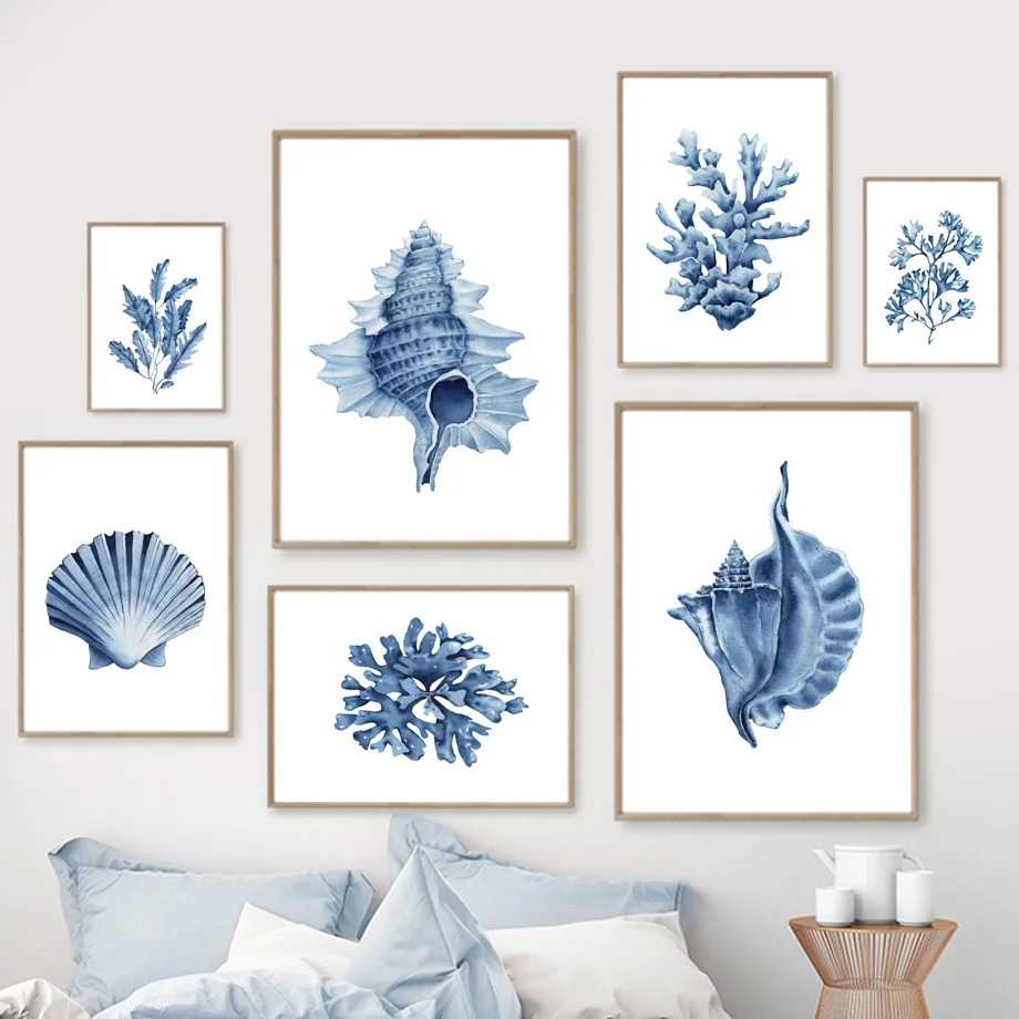Blue Seaweed Coral Shell Conch - Watercolor Poster Print recension och pris