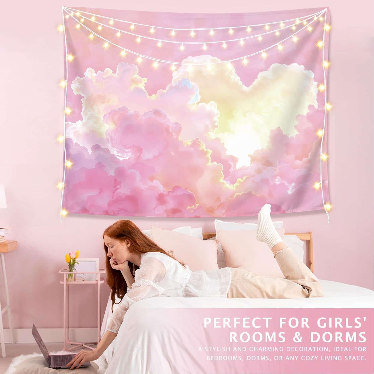Preppy Pink Cloud Tapestry Wal - Aesthetic Tapestry recension och pris