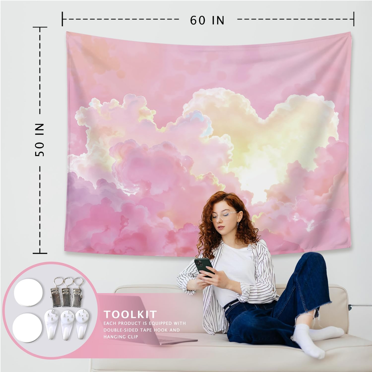 Preppy Pink Cloud Tapestry Wal - Aesthetic Tapestry recension och pris